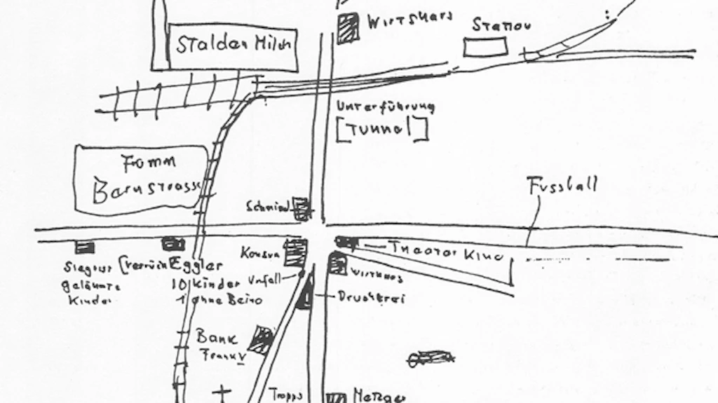 Plan schématique de Konolfingen avec des thèmes et sujets littéraires, vers 1960