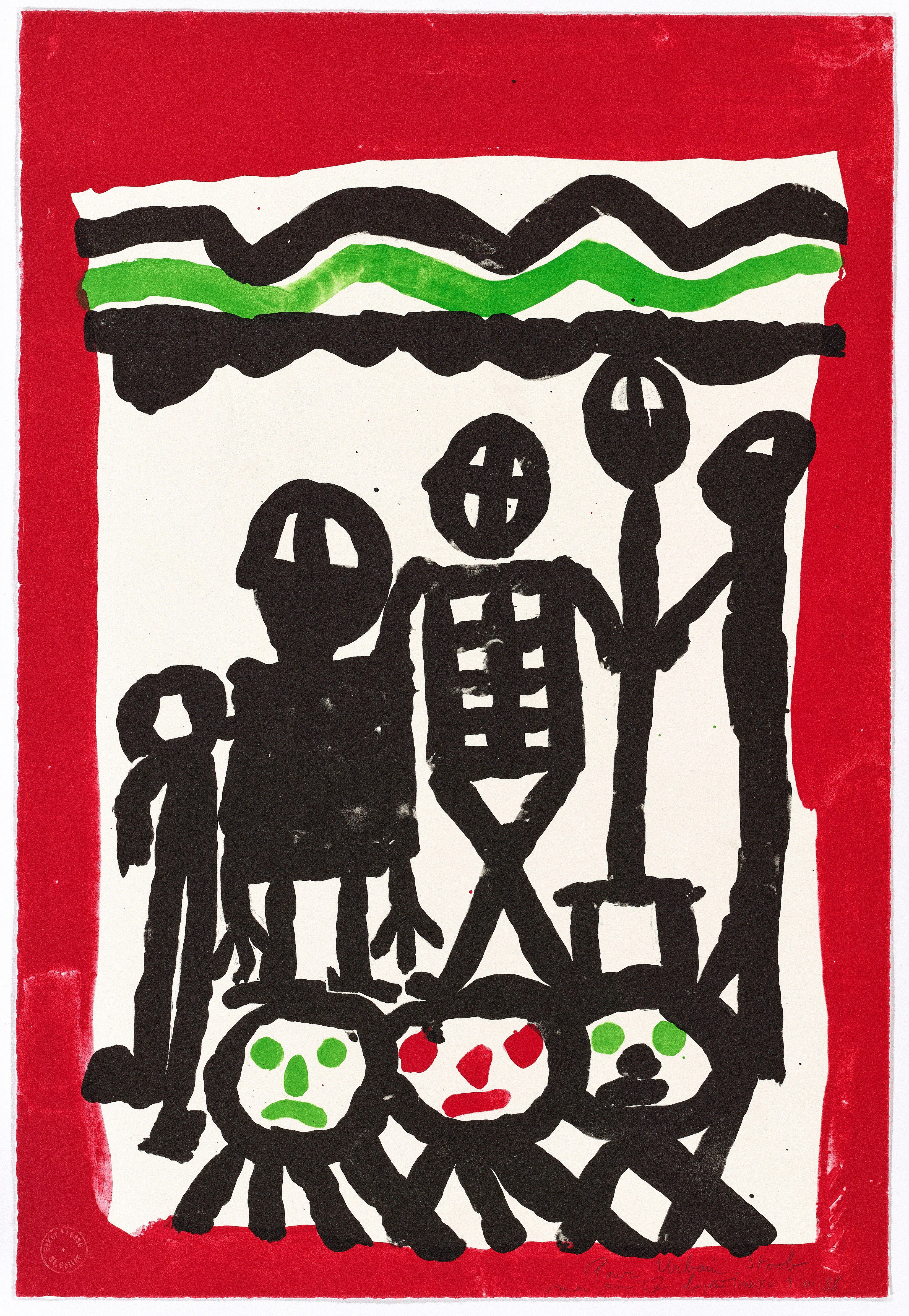 Eugène Ionesco, Vivants entourant un squelette, 1988, lithographie, 56 x 38 cm © Marie-France Ionesco