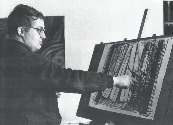 Friedrich Dürrenmatt beim Zeichnen, 1948 Foto: Rolf Jeck