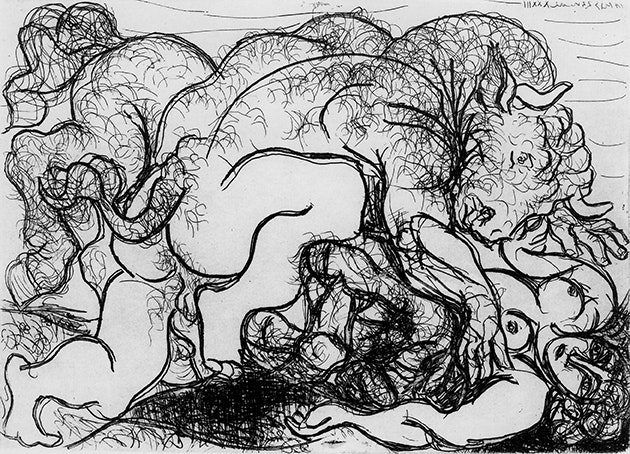 Pablo Picasso, Minotaure attaquant une amazone, 1933, Radierung auf Papier, 34 x 45 cm, Depositum der Gottfried Keller-Stiftung, Kunstmuseum Bern, © 2013 ProLitteris, Zürich
