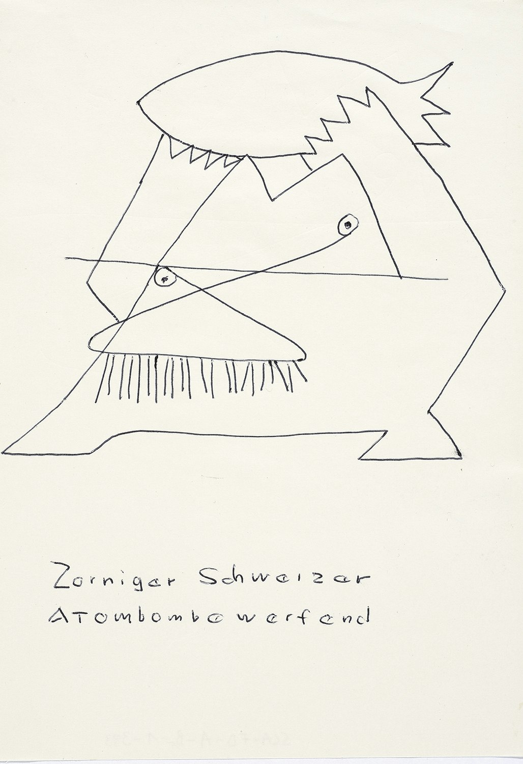 Friedrich Dürrenmatt, Zorniger Schweizer Atombombe werfend I, Kugelschreiber auf Papier, 20.9 x 14.4 cm, Sammlung Centre Dürrenmatt Neuchâtel, © CDN/Schweizerische Eidgenossenschaft