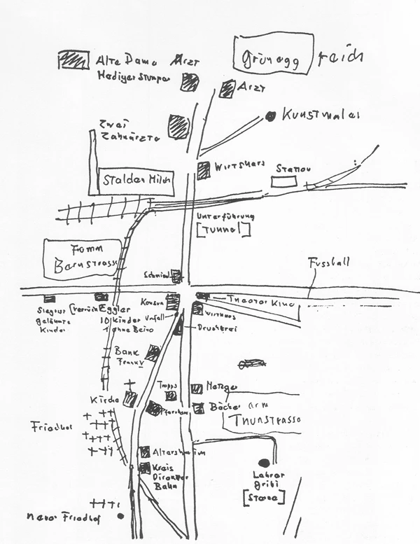Plan schématique de Konolfingen avec des thèmes et sujets littéraires, vers 1960