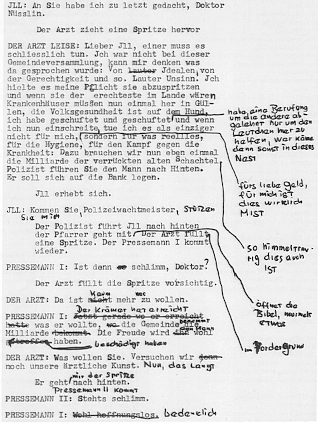 Pagina di manoscritto di La visita della vecchia signora, 1955